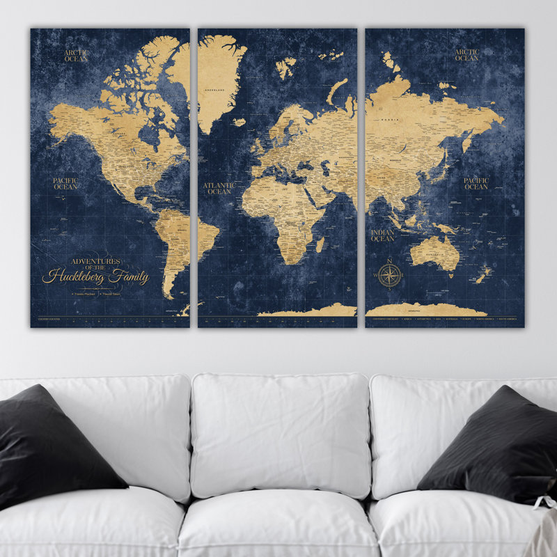 Carte du monde à punaise bleu marine - 3 panneaux, H 48 po x l 76 po, Oui