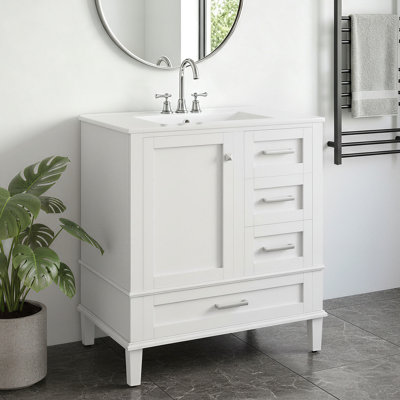 Meuble-lavabo autoportant de 30 po avec lavabo en céramique, structure en bois massif, 1 porte, 3 tiroirs et support de rangement
