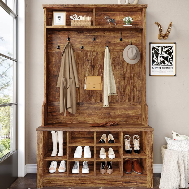 Auben Hall Tree 39.4'' Wide with Bench and Shoe Storage, Rustic Brown