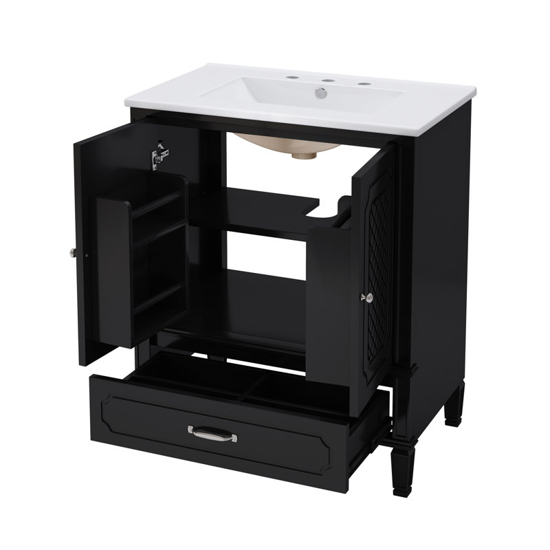 Meuble-lavabo vintage avec lavabo, rangement et fabrication durable, Argent argent, Noir, noir, noir, noir