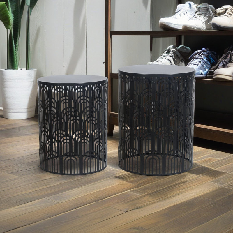Set Of 2 Hollow-Carved Round Metal End Tables, Black