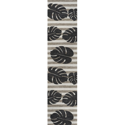Colgin Classic Beach Stripe and Monstera Leaf Black/Beige Indoor/Outdoor Rug