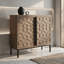 Armoire de rangement géométrique sculptée à la main à 2 portes, armoire en bois massif et panneau de fibres à densité moyenne avec pieds en métal