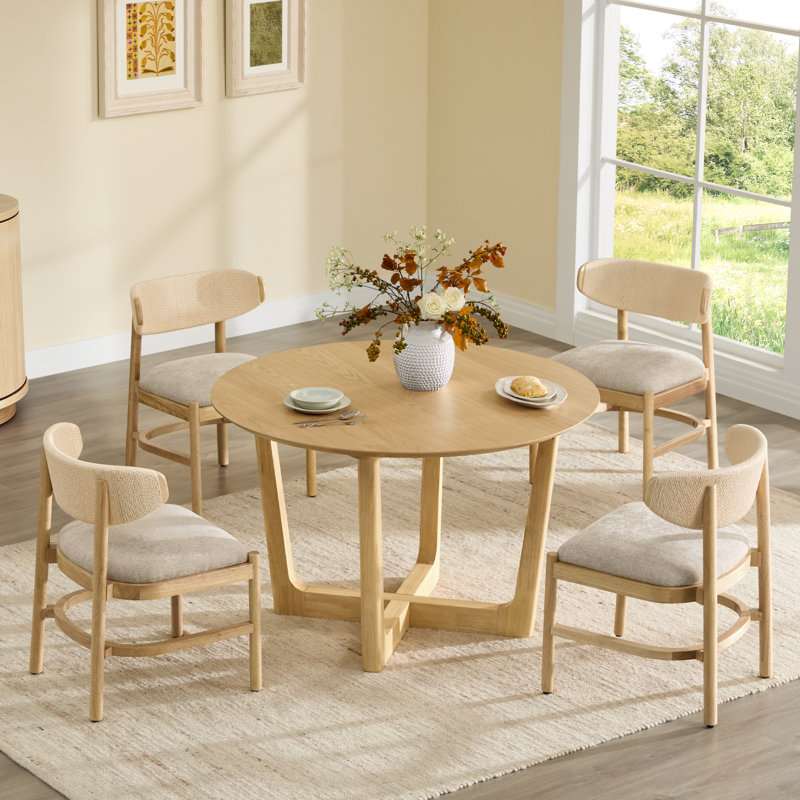 Modern Round Wood Dining Table with Cross-Leg Solid Wood Base, Oak