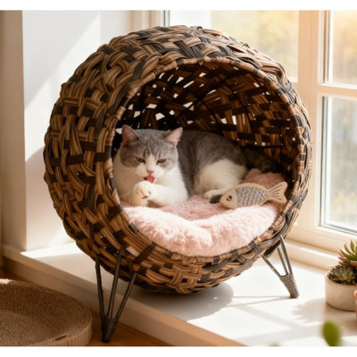 Woven Banana Leaf Kitten House With Soft Cushion, Elevated Cat Bed For Air Circulation, Brown And Metal Tripod Indoor Pets Hand-woven Comfort, Recommended Cats Under 11 Pounds, Color Support