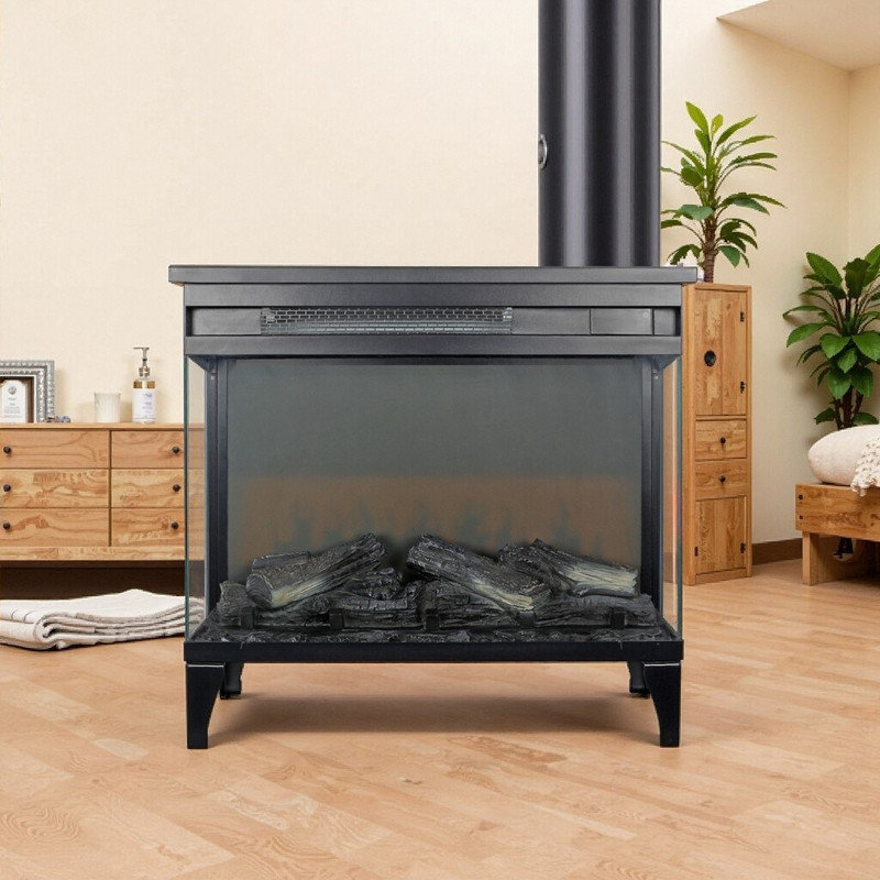 Afore 24 Inch Freestanding Electric Fireplace With 3-Sided Glass Realistic Flame Effects Remote Control & Heater