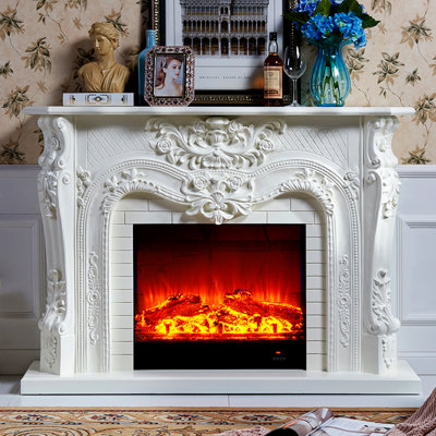 European-style carved solid wood decorative electric fireplace with simulated fire
