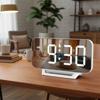 White -Thin Digital Mirror Alarm Clock, 6-Level Dimming, Plug-In Battery Backup Multi-Scene Decor