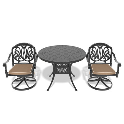 L'ensemble de salle à manger en aluminium coulé Allweather comprend des chaises pivotantes et une table ronde de 39,37 po avec un cadre noir