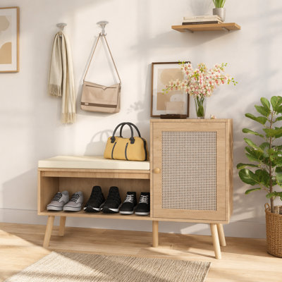 Banc de rangement pour chaussures 2 en 1, armoire à chaussures en rotin PP avec 2 tablettes réglables et coussin de siège amovible, banc d'entrée moderne, rangement pour chaussures, range-chaussures pour couloir, chambre à coucher