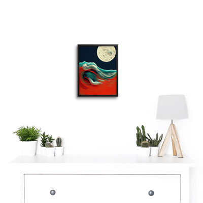 Full Moon on Red Ocean Waves Abstract 1 Piece Single Picture Frame Wall Art