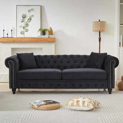 Velvet Chesterfield 3-Seater Sofa with Rolled Arms and Button Tufting