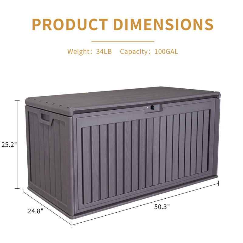 Boîte de rangement pour terrasse en plastique imperméable, 100 gallons, avec poignées latérales, verrouillable, brun