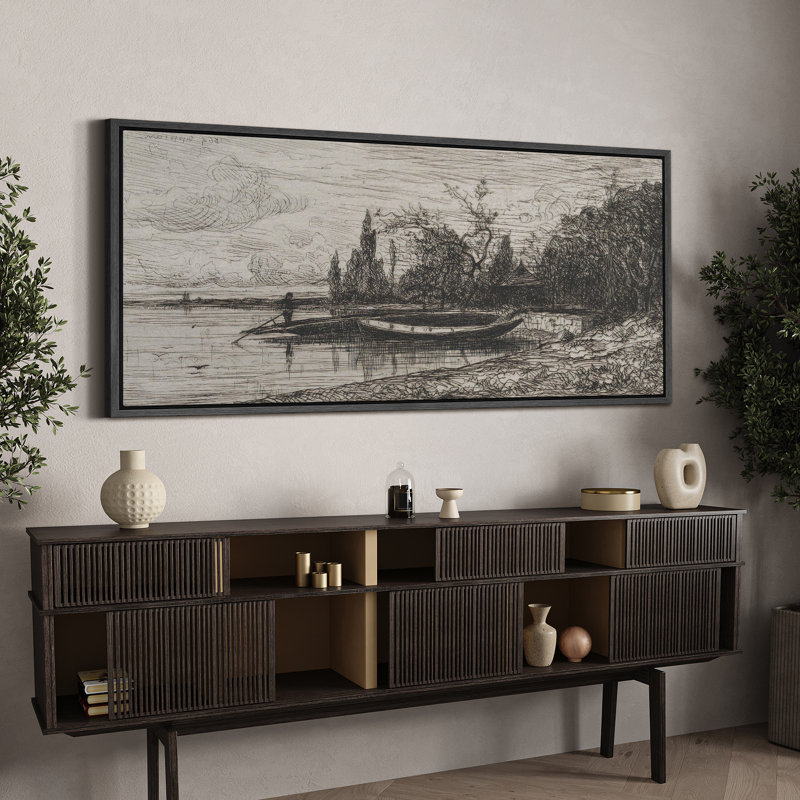 «Rustic Countryside Serene Lakeside Gravure, paysage nautique monochrome encadré», H 30 po x l 60 po, Noir, noir, noir, noir