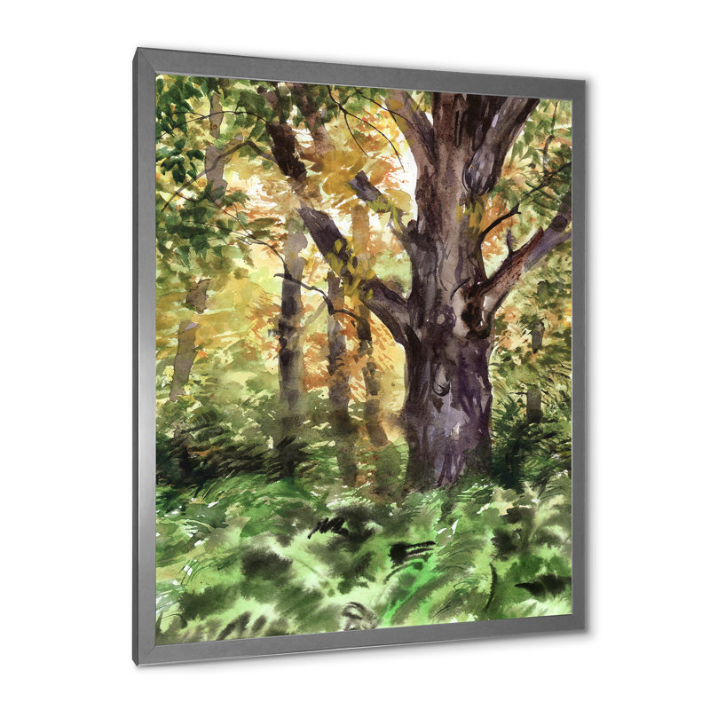 Grand arbre dans la forêt d'automne - Peinture sur toile, H 32 po x l 16 po x P 1,5 po, Toile avec cadre argenté