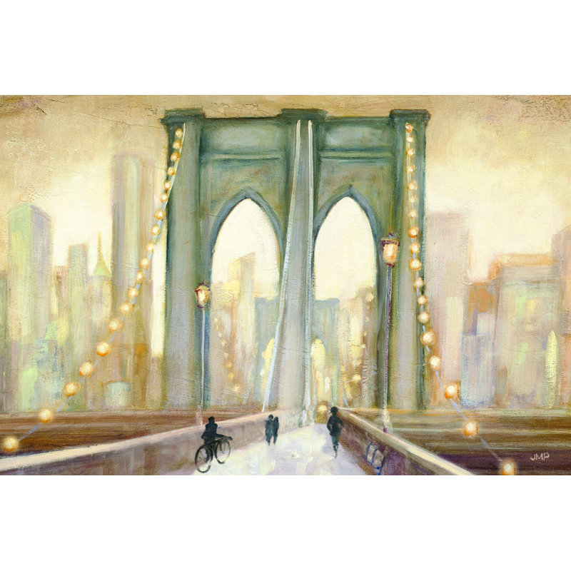 «Bridge to New York Dusk» par Julia Purinton - peinture sur toile tendue, H 32 po x l 48 po