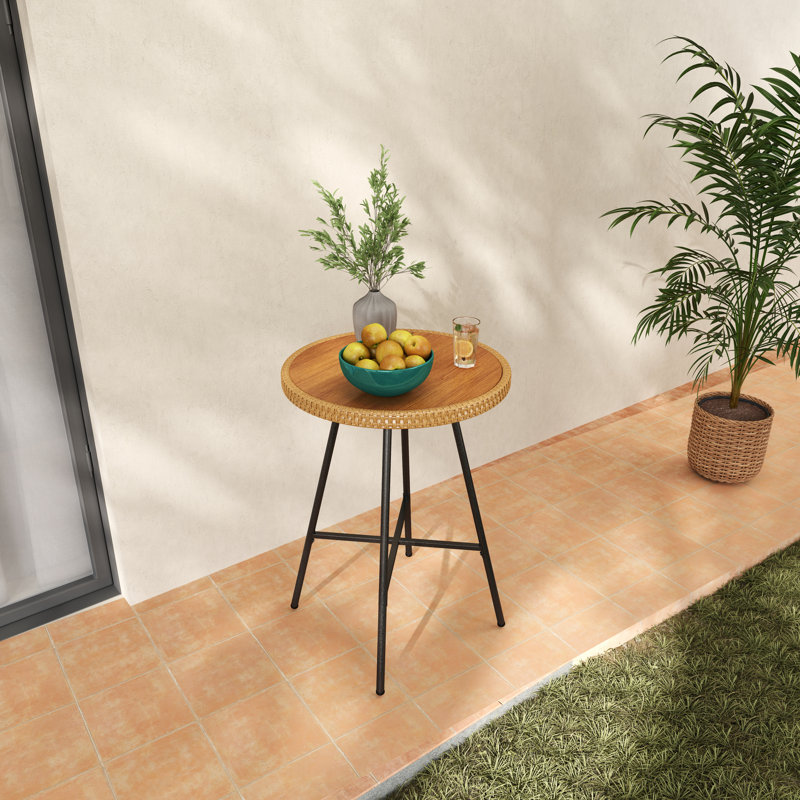Patio Rattan Rock Slab Bar Table, Outdoor Round Small Bar Table For 4 People