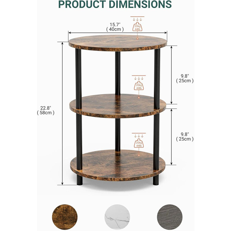Table d'appoint ronde - Petite table d'appoint avec tablettes à 3 niveaux, table de bout en bois rustique pour la chambre à coucher ou le salon, pieds en métal renforcé, brun rustique facile à assembler