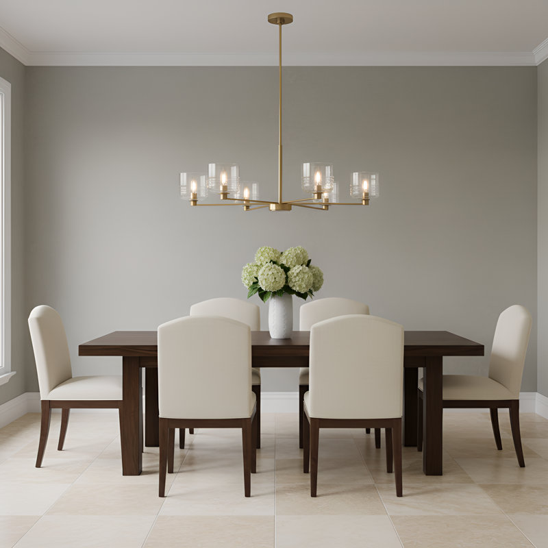 Lochdale Dining Room Chandelier With Clear Ribbed Shade, 10.25" H x 33.875" W x 33.875" D, Satin Brass, 6 Lights