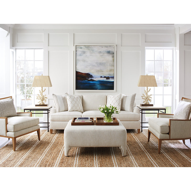 Beige Upholstered Cocktail Ottoman with Nailhead Trim