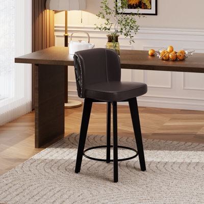 Swivel Bar Stool, 27.5" PU Leather Seat with Tufted Back, Solid Wood Legs, Counter Height Bar Chairs for Kitchen Island, Dining Room, Café
