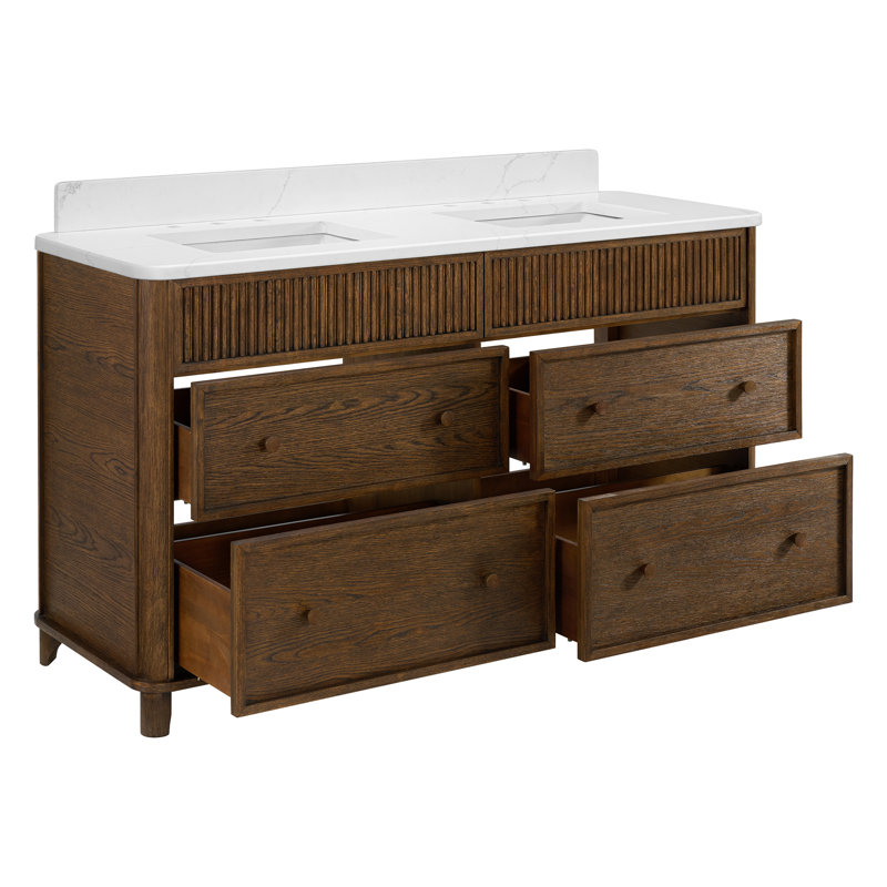 Meuble-lavabo double 60 po avec comptoir Statuario, Chêne brun rehaussé, 60"