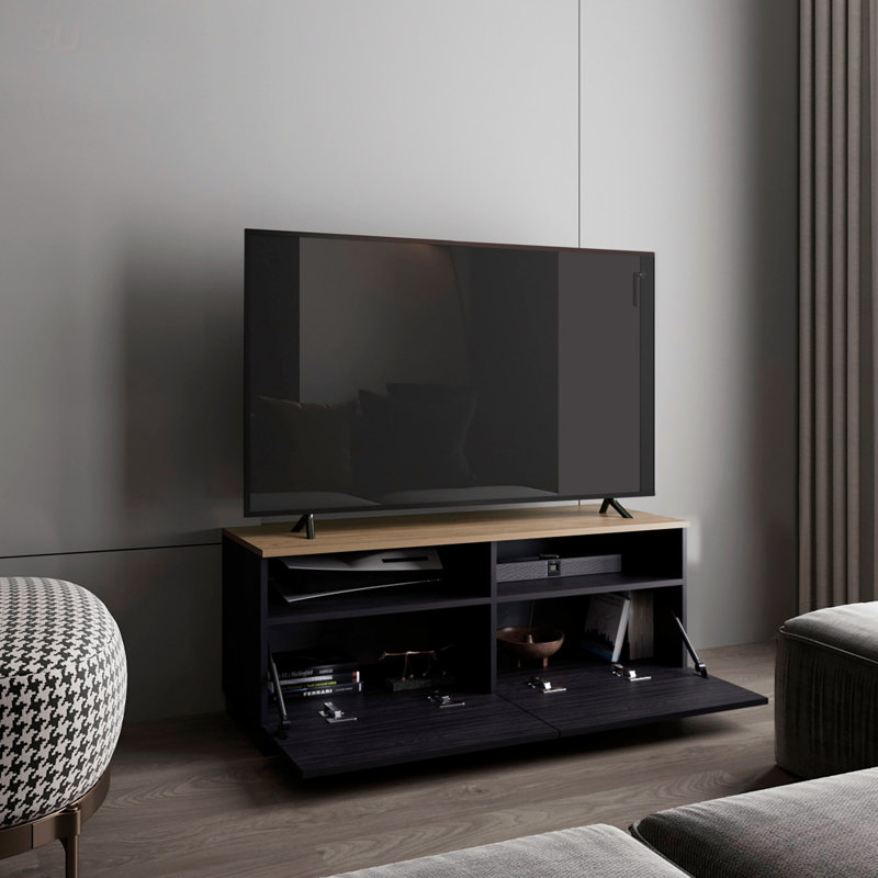 Colman Modern TV Stand With Open Shelves And Compact Profile, Minimalist Media Console For Living Room Or Bedroom, Black