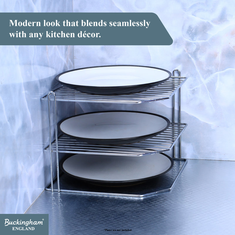 Buckingham 3 Tier Corner Plate Rack Kitchen Cupboard Storage Organiser 28 Cm, Chrome