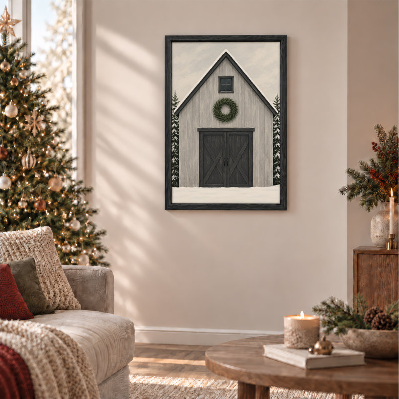 Toile de Noël grange grise avec couronne verte et sapins enneigés, H 48 po x l 36 po
