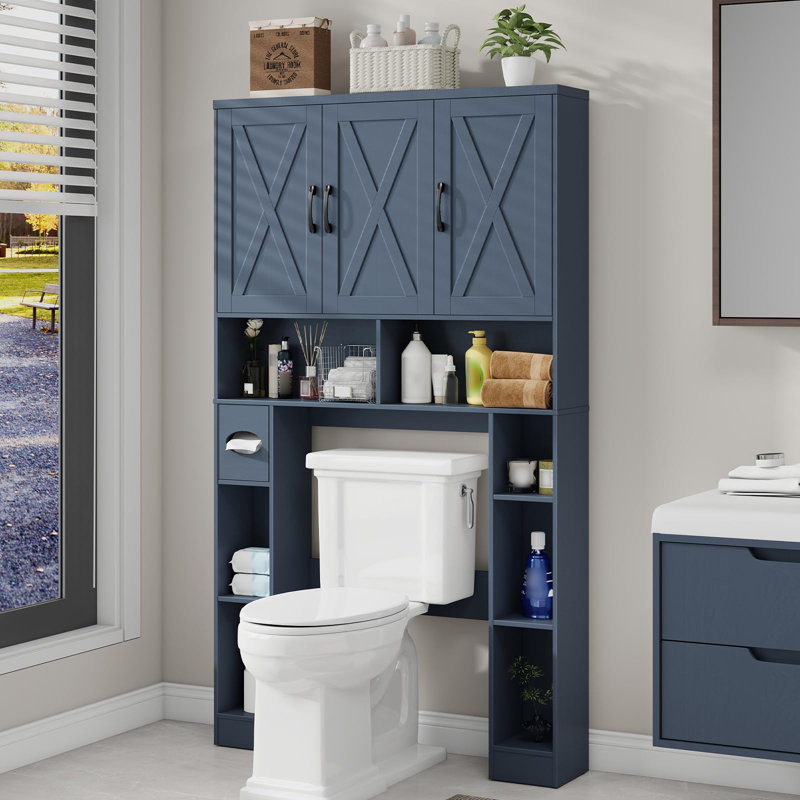 Over The Toilet Storage Cabinet With 3 Barn Doors, Blue