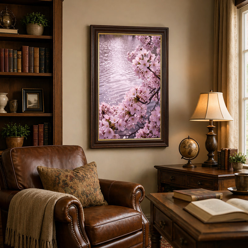 «Pink Cherry Blossoms Over Shimmering Water», art mural sur toile, H 24 po x l 16 po