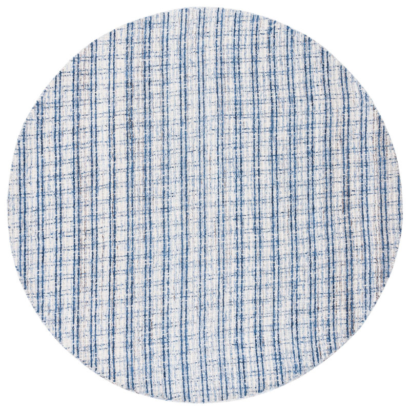 Nakara Abstract Hand Tufted Wool/Cotton Plaid Rug in Blue/Ivory, Round 6'