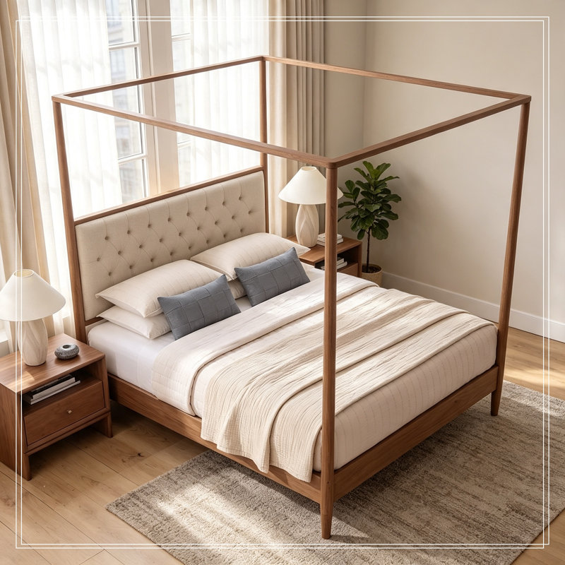 Structure de lit à baldaquin en bois grand avec tête de lit tapissier Boucle, Walnut
