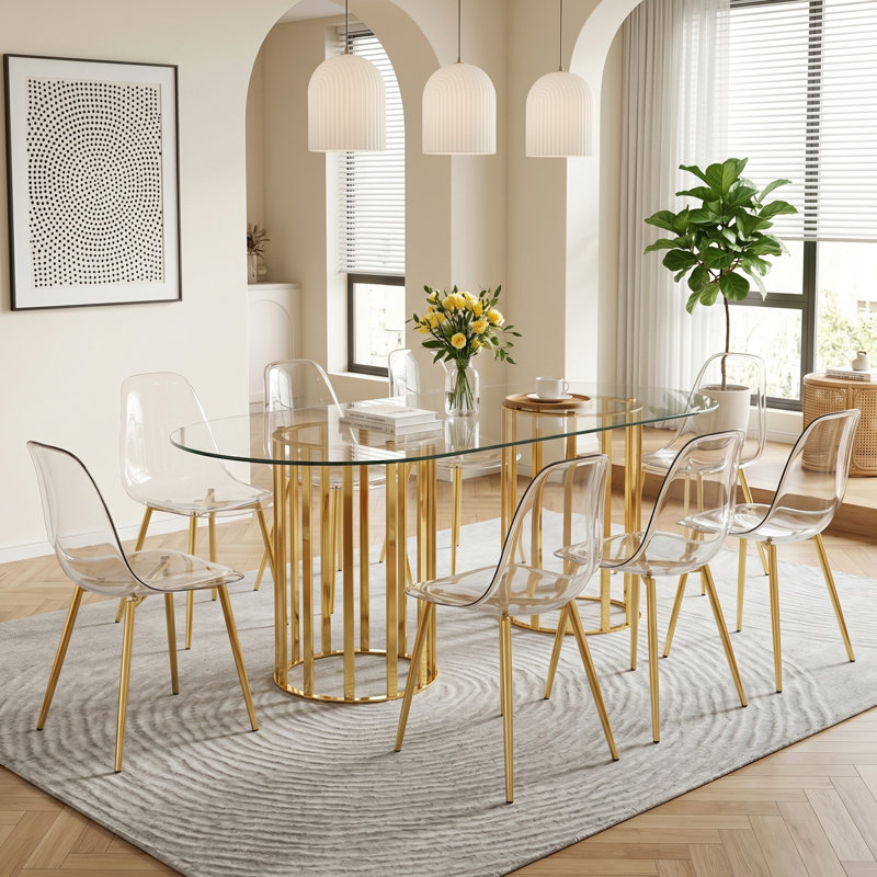 Ensemble de table de salle à manger 71 "en verre trempé 71" pour 8 personnes, ensemble de cuisine moderne 9 pièces Glam avec chaises en acrylique transparent et base double piédestal doré