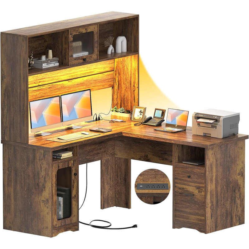Vello L Shaped Desk with Drawers, Office Desk with Power Outlet, LED Lights, Hutch and File Cabinets, Rustic Brown