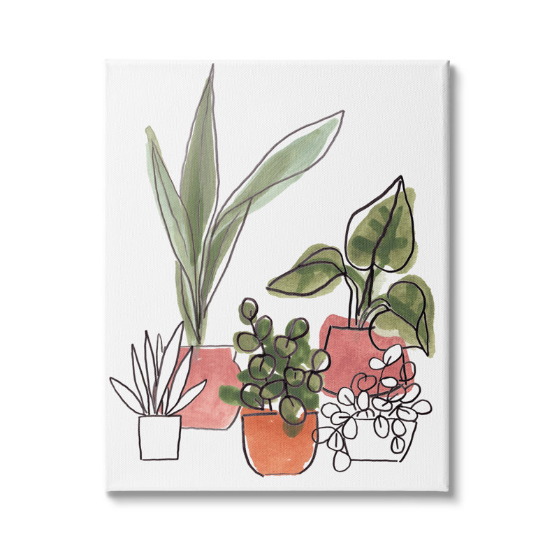 Plantes vertes dans des jardinières orange, feuillage abstrait moderne par June Erica Vess, Toile tendue