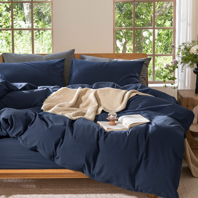 Ensemble de housse de couette 100% coton délavé MooMee, Housse de couette pour très grand lit et 2 taies , Marine