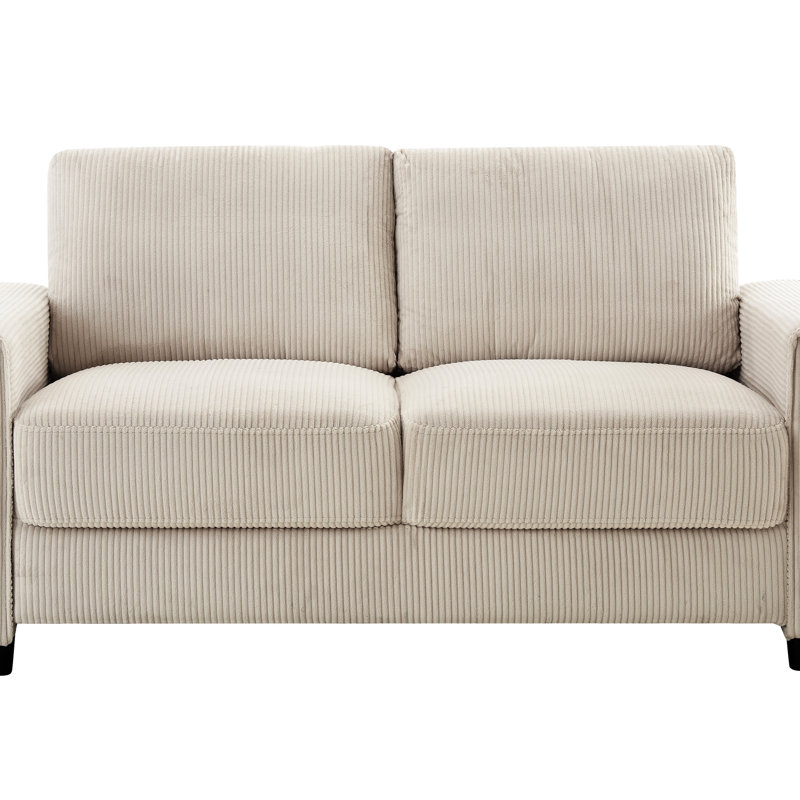 Velours côtelé beige à 2 places, doux et confortable, structure, effet visuel épuré, tissu confortable, esthétique minimaliste, pieds noirs, pratique pour divers bureaux à domicile