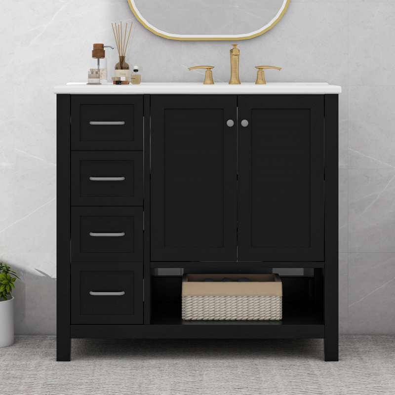 Meuble-lavabo 36 po avec comptoir, deux portes et deux tiroirs, tablette ouverte, Noir