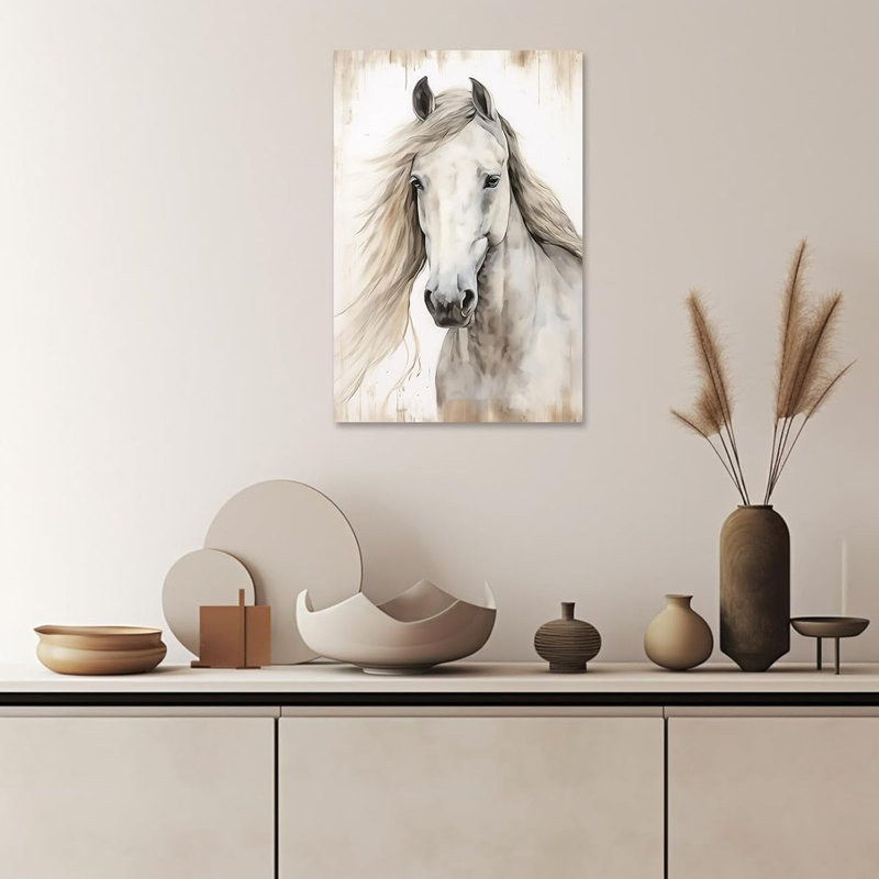 White Horse Picture Stallion Canvas Wall Art Rustic Horse Portraits Poster Prints Western Animal Vintage Artwork Farmhouse Wall Decor Framed 16X24 Inch