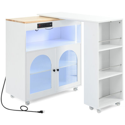 White Rolling Kitchen Island With Extendable Table, LED Lights, Power Outlets, Storage Cabinet, Open Shelves & USB Ports