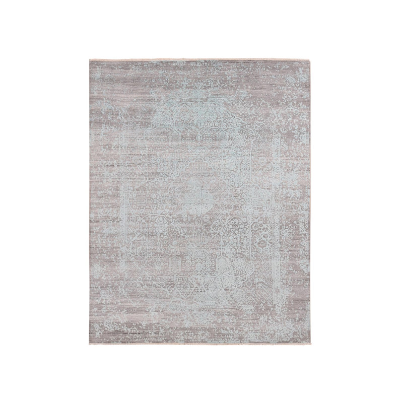 11'10"x14'10" Green Erased Design Wool Silk Hand Knotted Oversized Rug AFAEC75243ED4DEBAFB1FE7540114C73