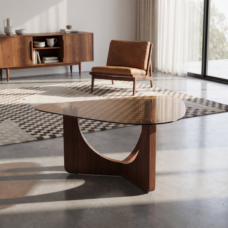 Table basse circulaire, plateau en verre trempé avec base en panneau de fibres à densité moyenne, forme triangulaire, table de bout créative rétro, style Mid-Century moderne, bleu sarcelle et noyer