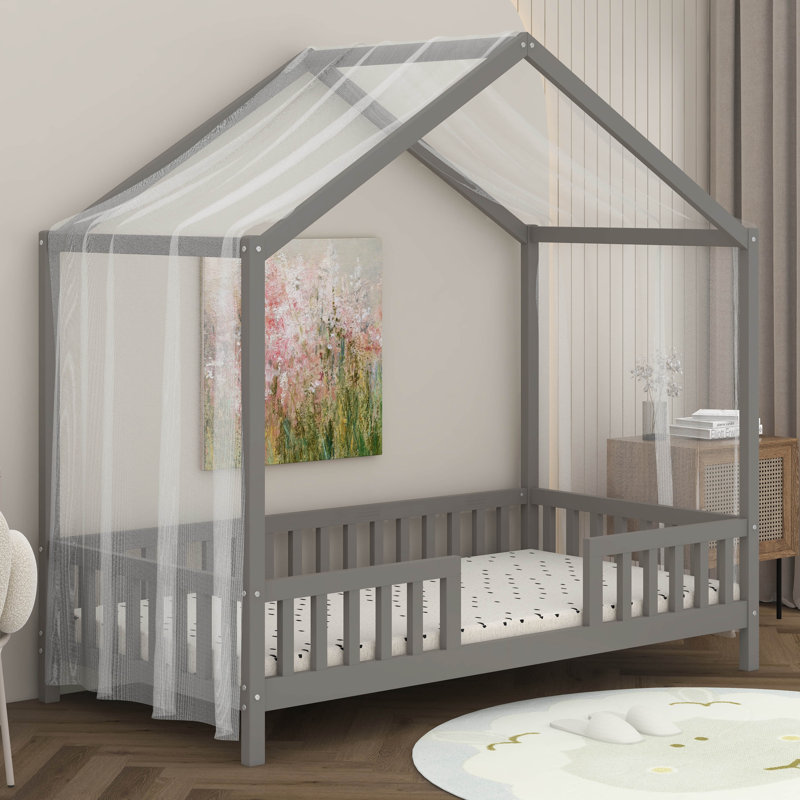 Floor Bed With Canopy, House Shape Bed Frame With High Railings, Wood Bed With Roof, Twin