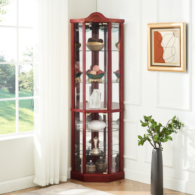 Armoire de coin avec rangement éclairé, teinte cerise, tablettes réglables, tablettes en verre, Espresso