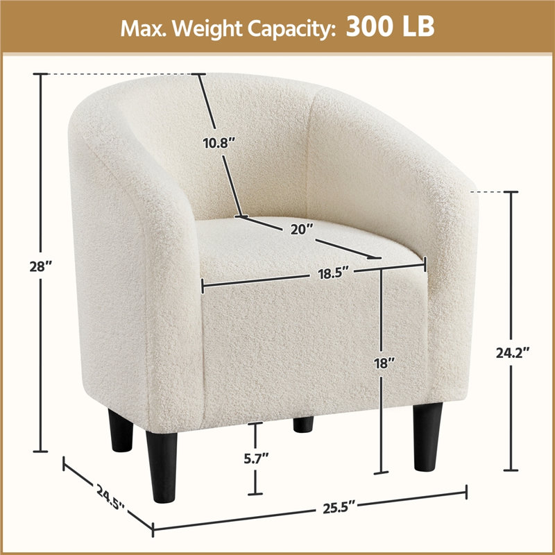 Fauteuil club tonneau en bois massif de 27 po de largeur, Mélange de polyester ivoire