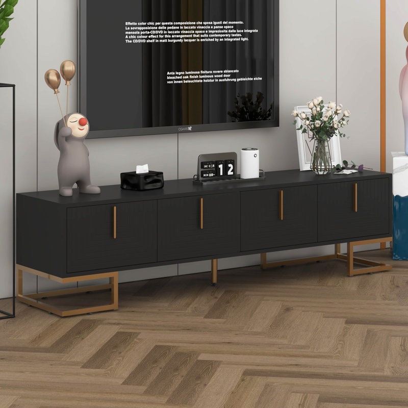 Modern TV Stand With Metal Legs, Gold Handles, Geometric Lines And Adjustable Shelves For Tvs Up To 80'', Media Console Table