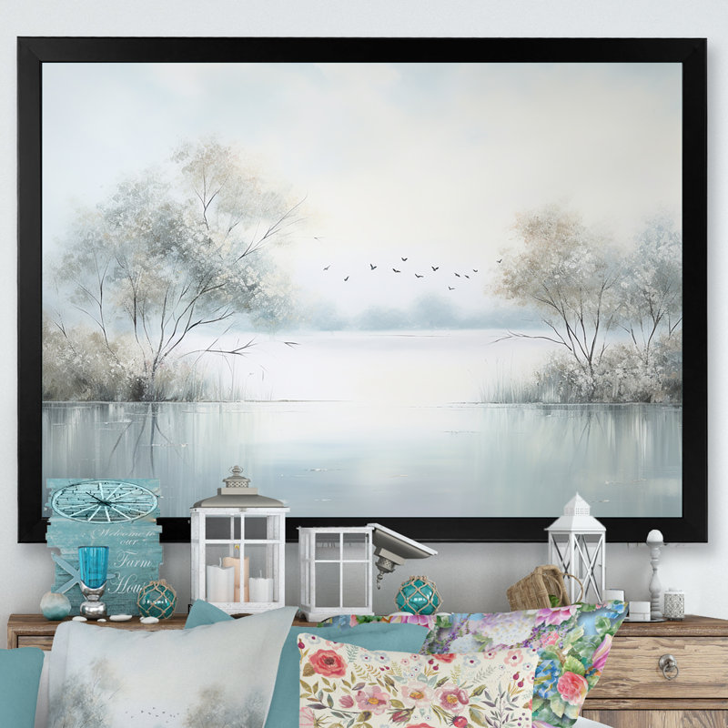 «Lakeside Winter Serenity - Lakes & Rivers», art mural sur toile, H 30 po x l 40 po x P 1,5 po, Cadre simple noir