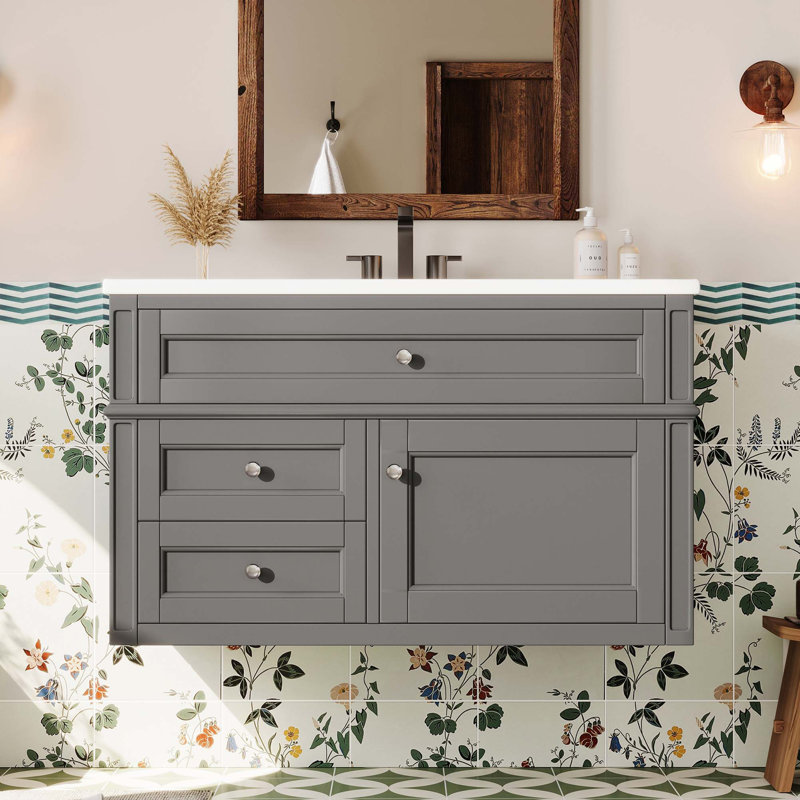 Meuble-lavabo flottant moderne avec lavabo en céramique et rangement intelligent, Grey