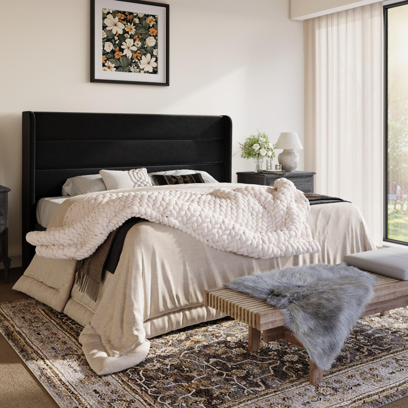 Modern Velvet Upholstered Platform Bed With Wooden Slats Wingback Headboard Included, Queen, Black